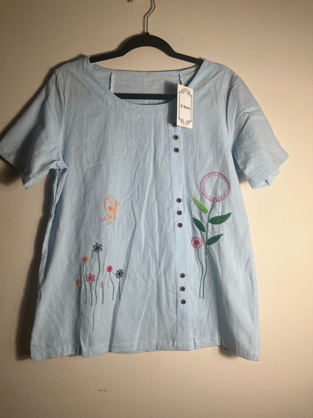 E Retro Blue Embroidered Floral Top Cottagecore Button Front Women Blouse